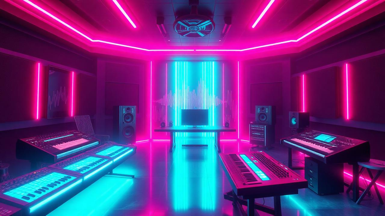 Neon-lit AI music studio with holographic soundwaves