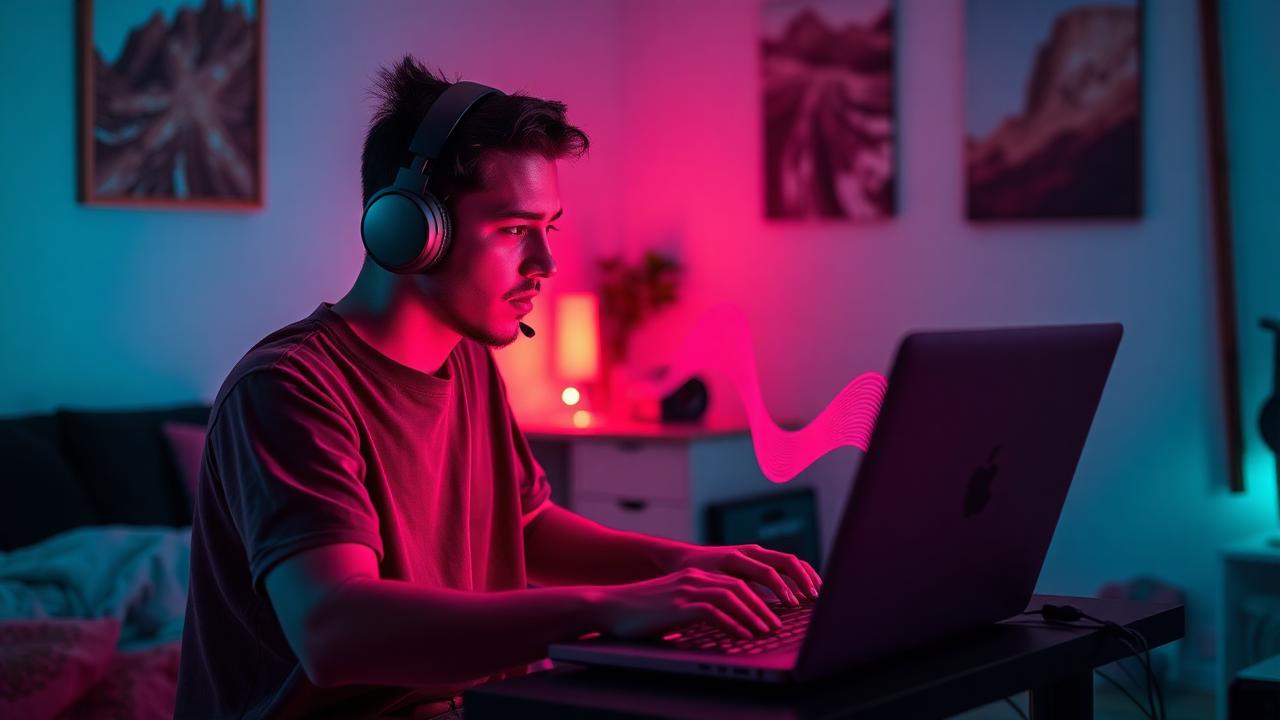 Indie musician with headphones at a laptop, glowing waveforms
