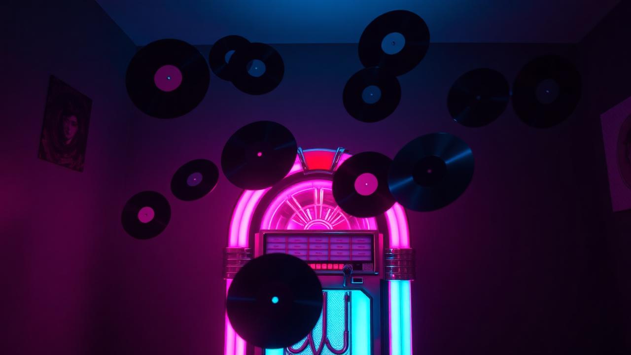 Retro neon jukebox glowing pink and cyan with floating vinyl records