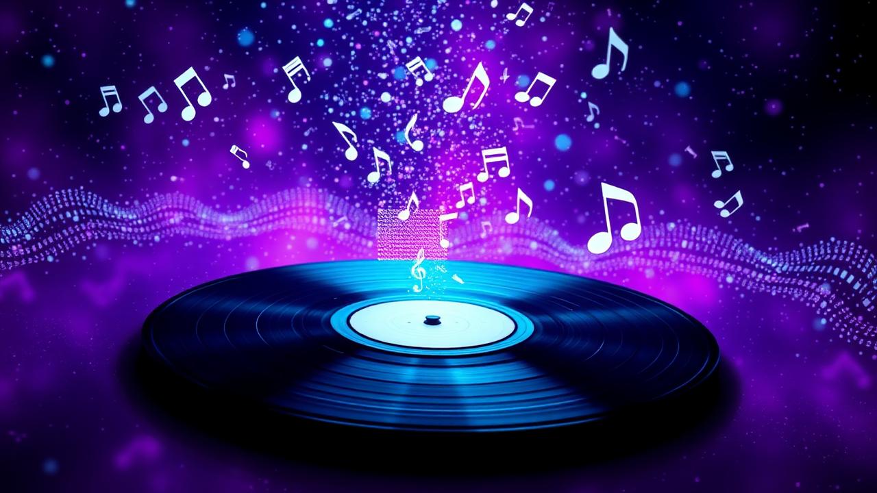 Abstract vinyl record with floating musical notes and cosmic particles