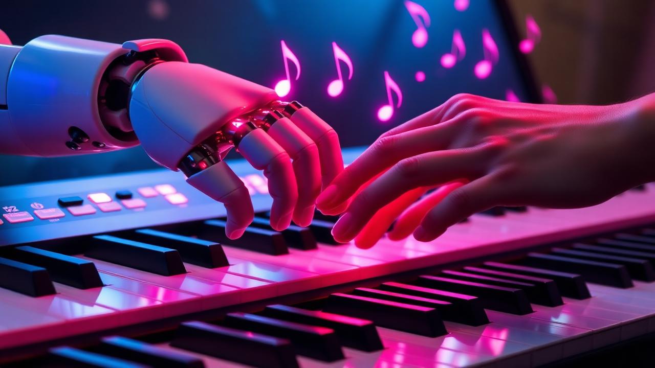 Robot hand and human hand collaborating on a piano keyboard
